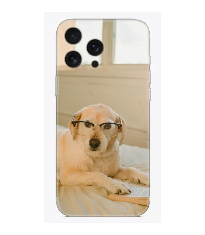 Gözlüklü köpek tasarımlı, kitaplı şeffaf telefon kılıfı