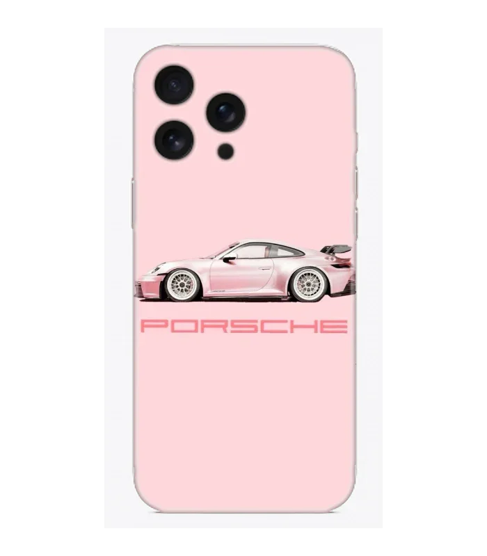 Pembe arka fonlu, spor araba baskılı lüks telefon kılıfı, Porsche temalı tasarım