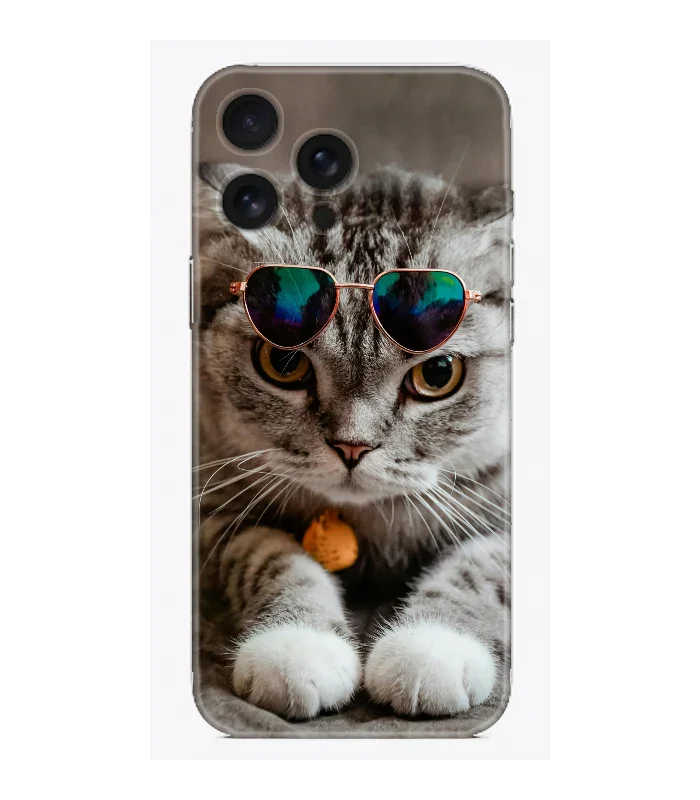 Güneş gözlüklü sevimli kedi baskılı şeffaf telefon kılıfı, şık ve eğlenceli tasarım.
