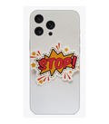 Beyaz telefon kılıfı üzerinde renkli STOP yazılı sticker tasarımı