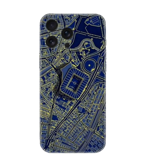 Mavi sarı şehir haritası desenli iPhone telefon kılıfı, şık ve koruyucu tasarım