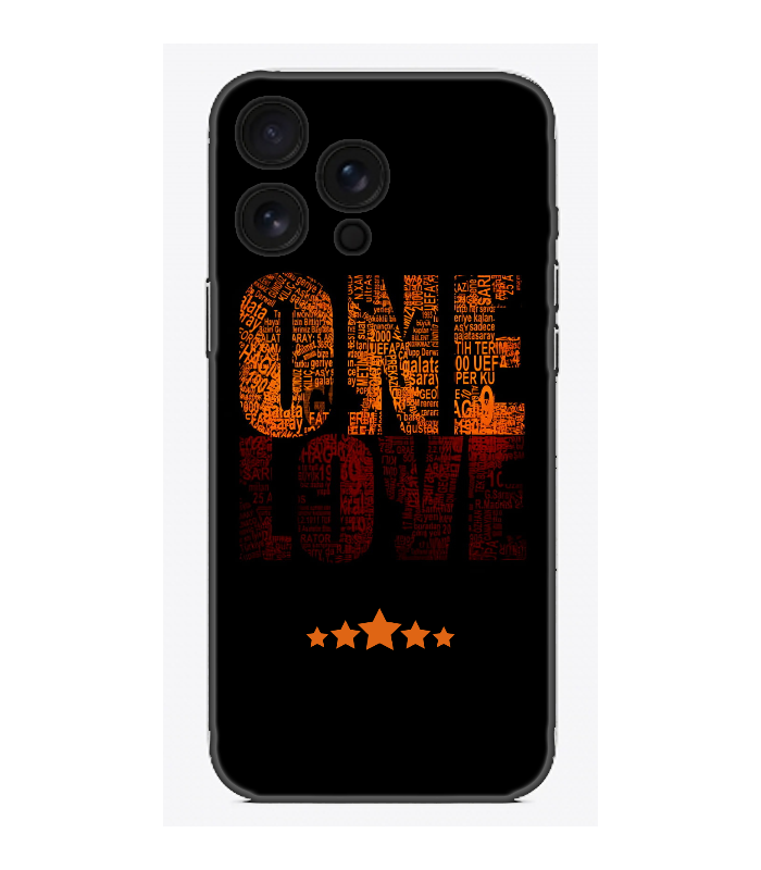 Siyah zeminli, turuncu yazılı ONE LOVE baskılı telefon kılıfı, yıldız detaylı tasarım