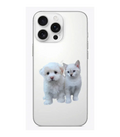 Şeffaf telefon kılıfı üzerinde beyaz köpek ve kedi görseli, sevimli tasarım