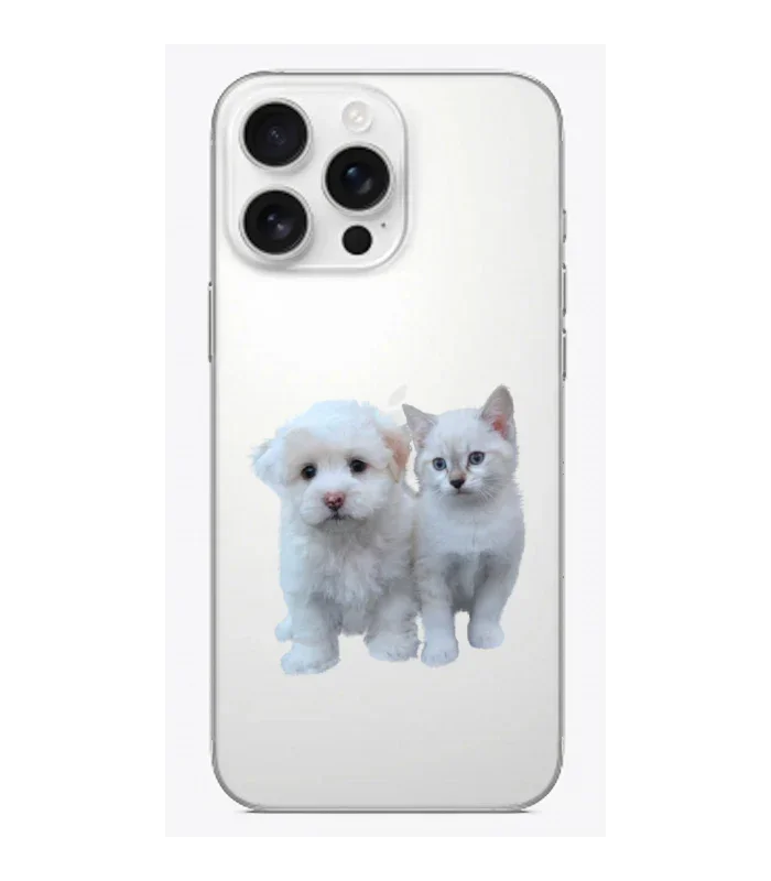 Şeffaf telefon kılıfı üzerinde beyaz köpek ve kedi görseli, sevimli tasarım