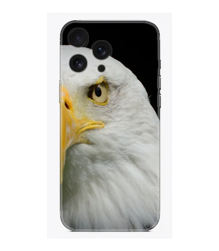 Kartal desenli şeffaf telefon kılıfı, detaylı baş ve sarı gagalı tasarım