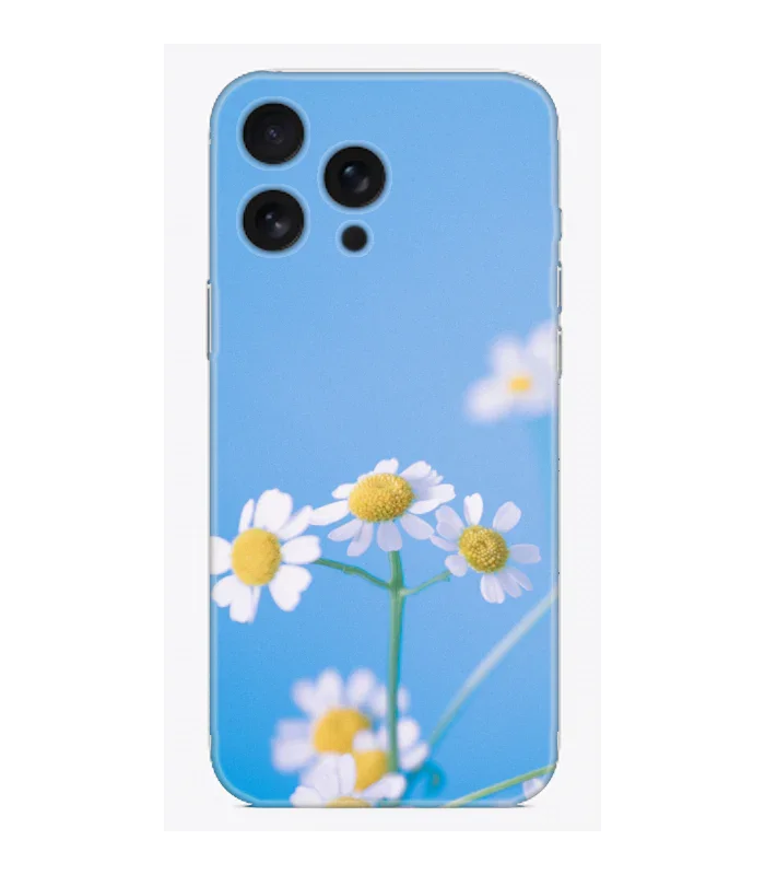 Papatya desenli, mavi arka plana sahip iPhone telefon kılıfı