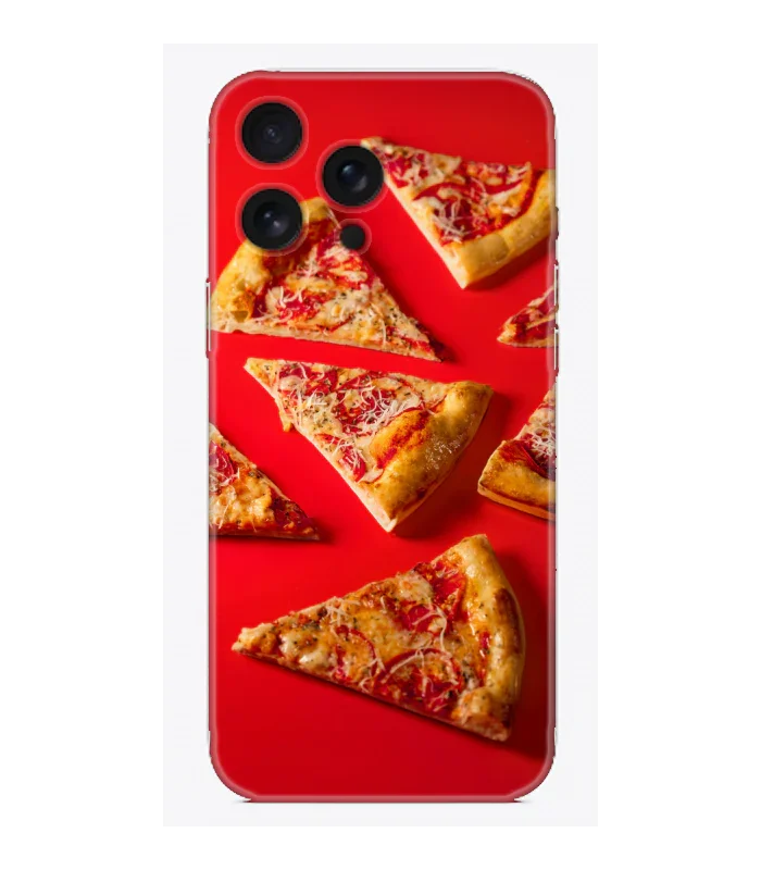 Kırmızı zemin üzerinde pizza dilimli desenli şeffaf telefon kılıfı