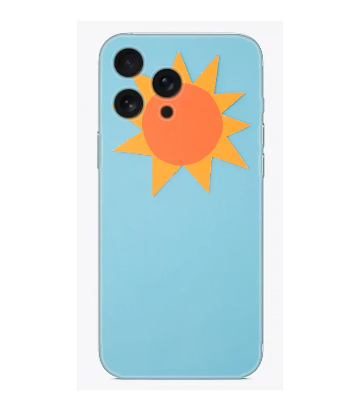 Mavi arka planlı, turuncu güneş desenli iPhone telefon kılıfı