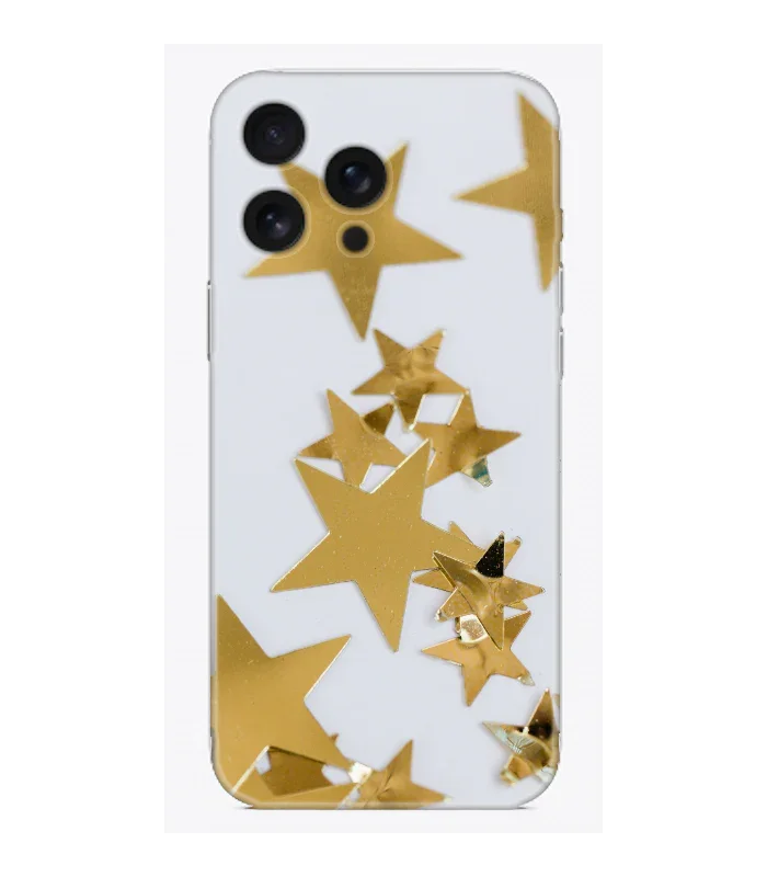 Altın yıldız desenli, şeffaf iPhone telefon kılıfı, şık ve koruyucu tasarım