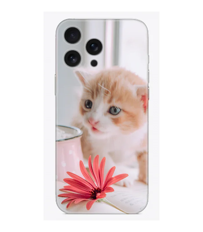 Kedi ve pembe çiçek desenli telefon kılıfı, şeffaf ve koruyucu tasarım