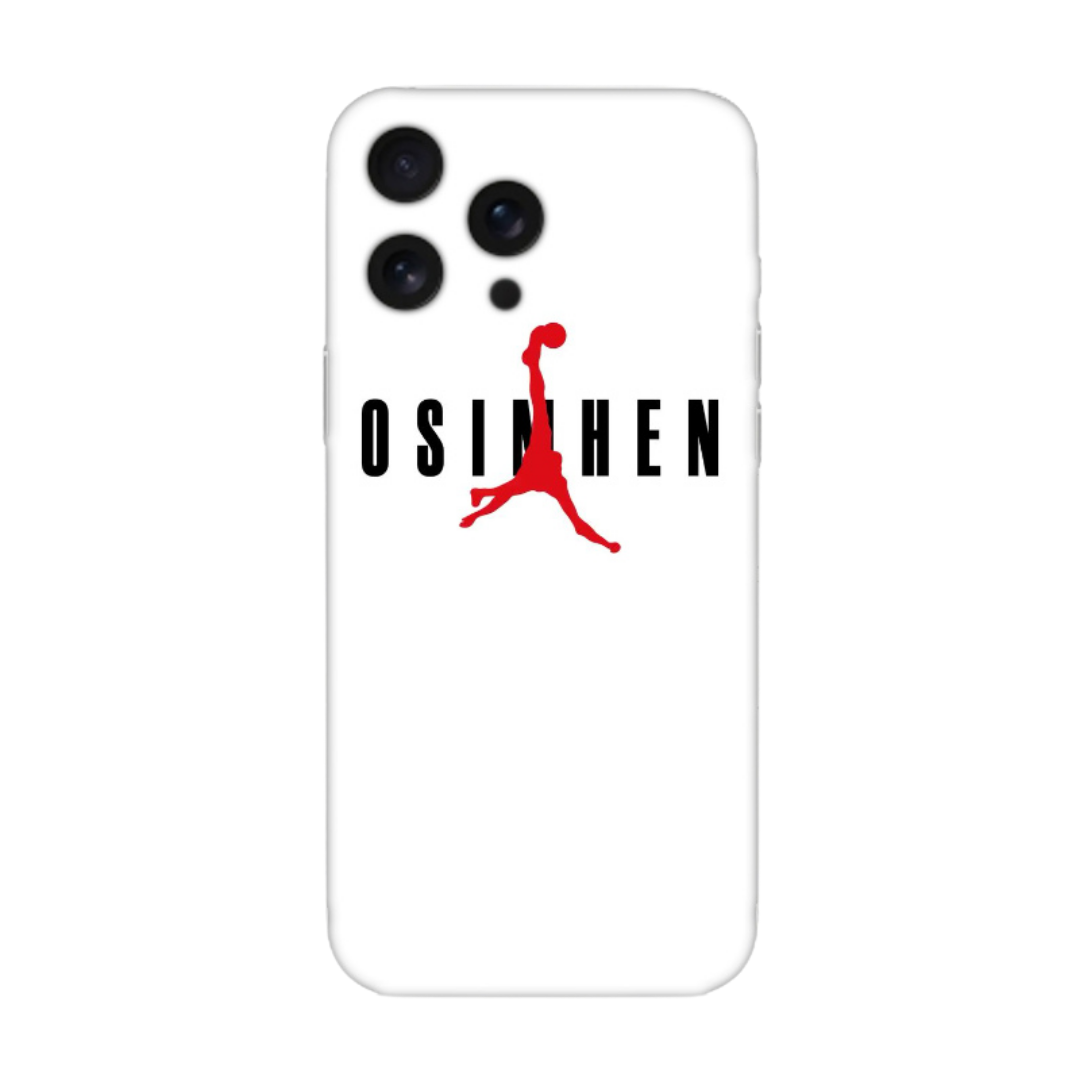 Beyaz arka planda, kırmızı basketbolcu figürlü ve 'OSIMHEN' yazılı telefon kılıfı tasarımı.