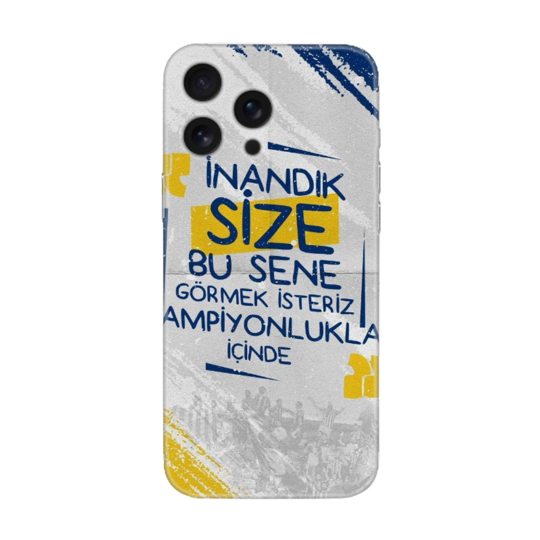 Sarı lacivert yazılı, şampiyonluk temalı baskılı telefon kılıfı tasarımı.