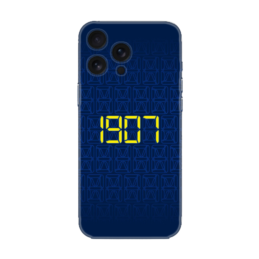 Mavi üzerinde sarı 1907 yazılı desenli iPhone telefon kılıfı