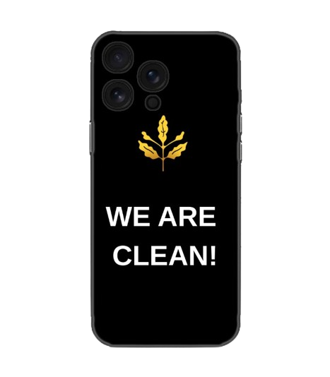Siyah zeminli, sarı yaprak desenli ve "WE ARE CLEAN!" yazılı telefon kılıfı
