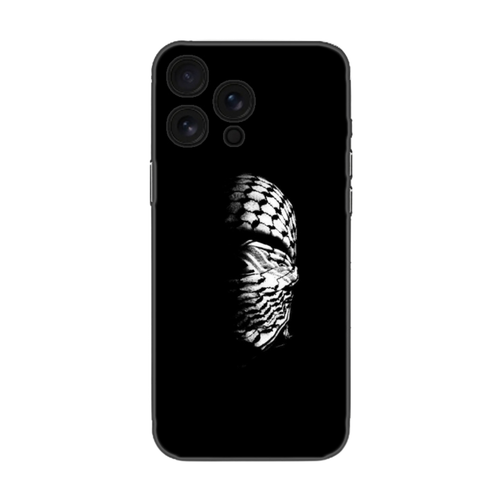 Siyah fon üzerinde desenli yüz örtülü tasarıma sahip iPhone telefon kılıfı