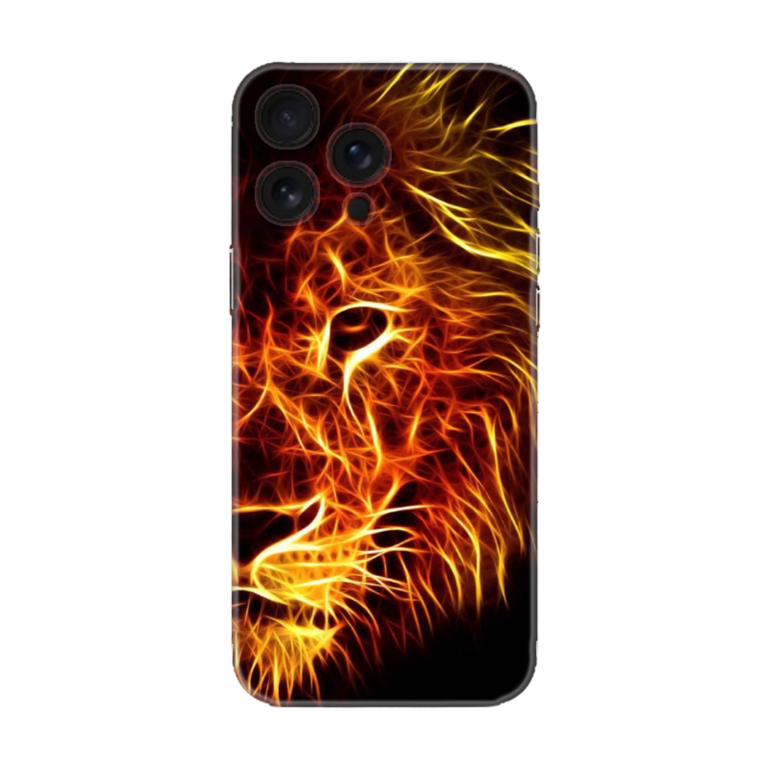 Alevli aslan tasarımlı telefon kılıfı, siyah zemin üzerinde parlak sarı turuncu çizgilerle.