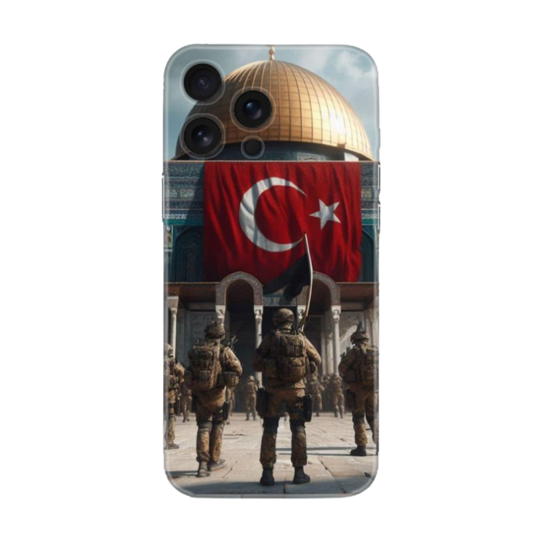 Türk bayraklı, cami ve asker desenli iPhone telefon kılıfı, dayanıklı ve şık tasarım