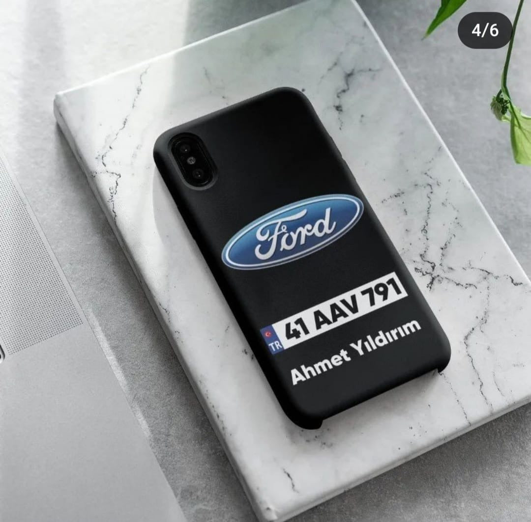 Kişiye özel, araba plaka desenli siyah telefon kılıfı, Ford logosu ve isimli tasarım