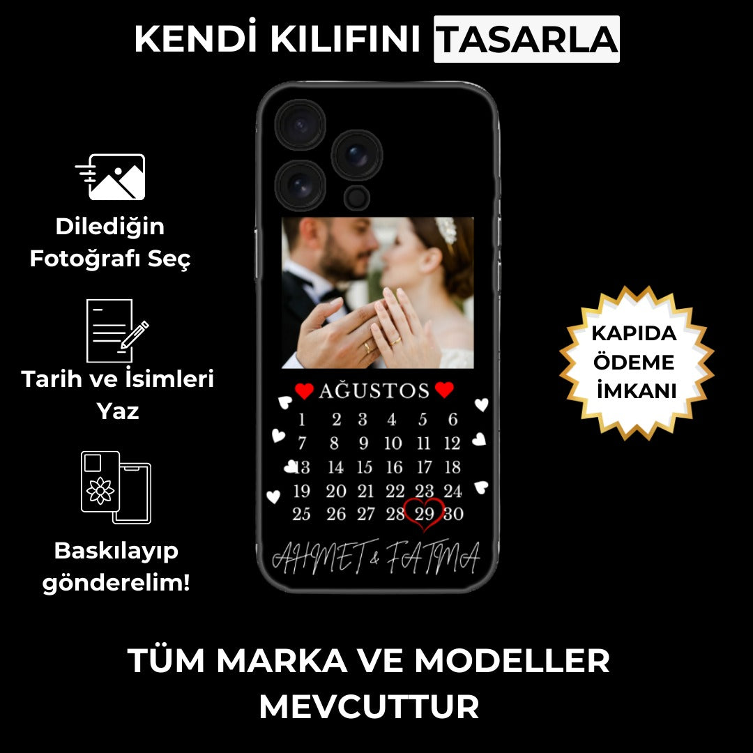 Kişiye özel takvimli ve fotoğraflı telefon kılıfı, evlilik temalı tasarım.