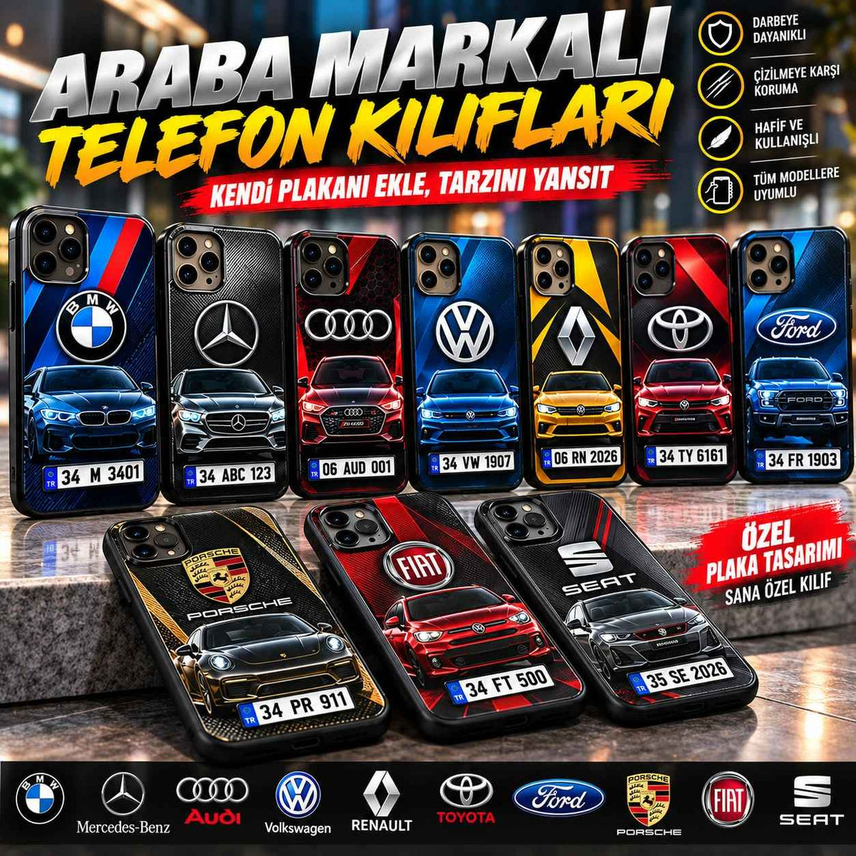 Araba Markasına Özel Plakalı Telefon Kılıfı (Android/Ios Uyumlu)