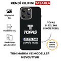 Siyah zeminli, TOFAŞ logolu, kişiye özel baskılı telefon kılıfı, iPhone kamera detaylı.
