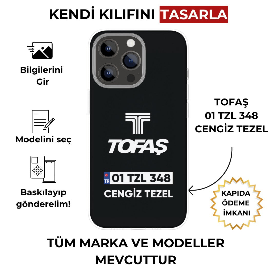 Siyah zeminli, TOFAŞ logolu, kişiye özel baskılı telefon kılıfı, iPhone kamera detaylı.