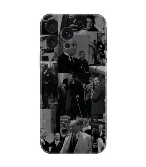Siyah beyaz kolaj desenli şeffaf telefon kılıfı, iPhone uyumlu, modern ve koruyucu tasarım