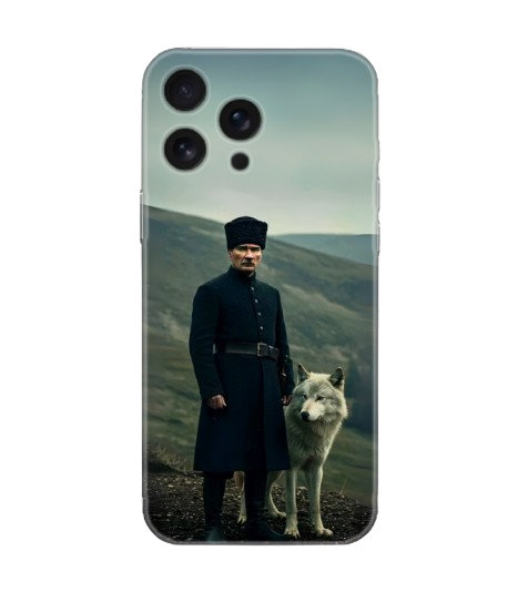 Kurtlu dağ manzaralı, geleneksel kıyafetli erkek tasarımlı telefon kılıfı