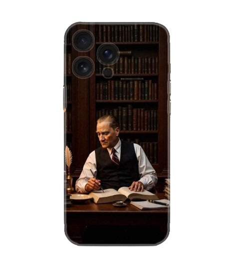 Kitaplık önünde klasik kıyafetli adam temalı iPhone telefon kılıfı, şık ve koruyucu tasarım