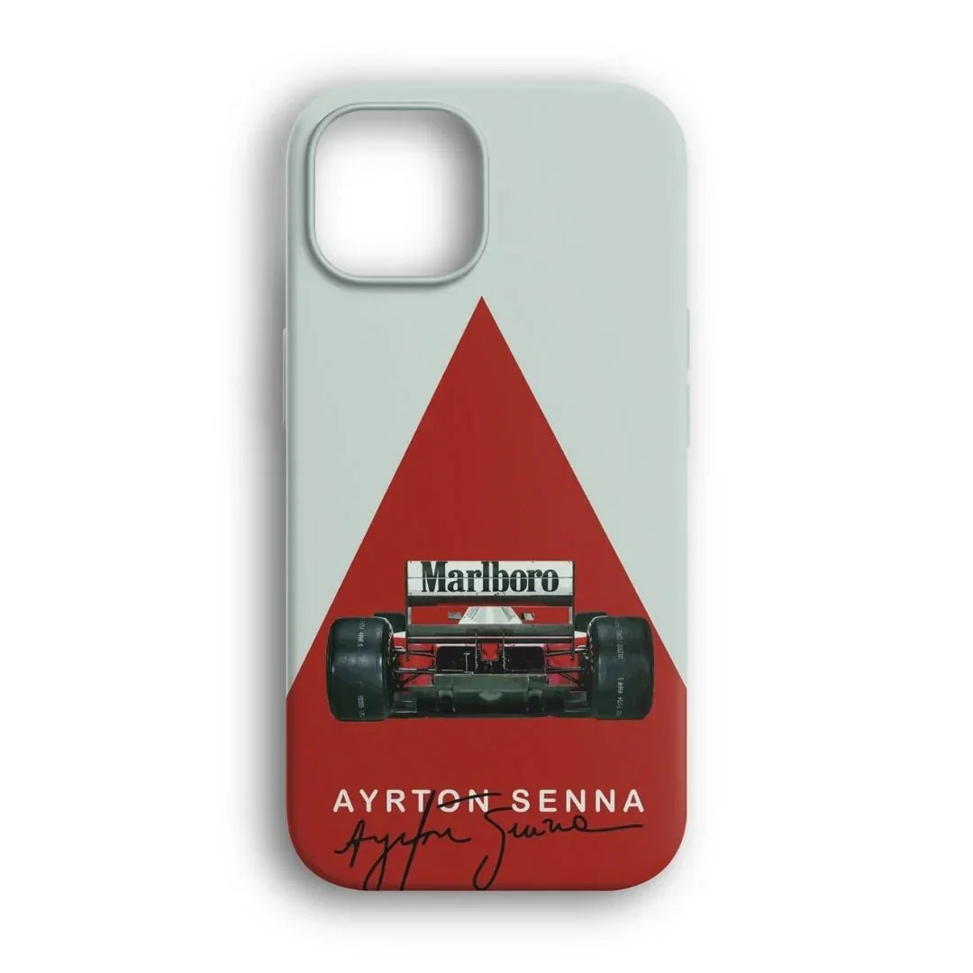 Ayrton Senna tasarımlı, yarış arabası görselleriyle süslenmiş iPhone telefon kılıfı
