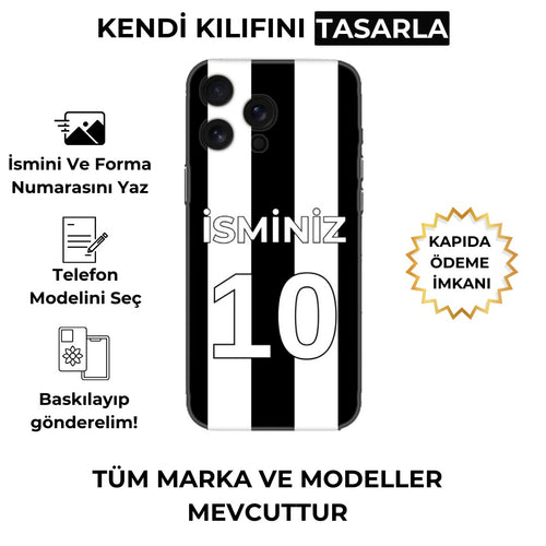 Kişiye özel siyah beyaz forma temalı telefon kılıfı, isim ve numara ekleme imkanıyla