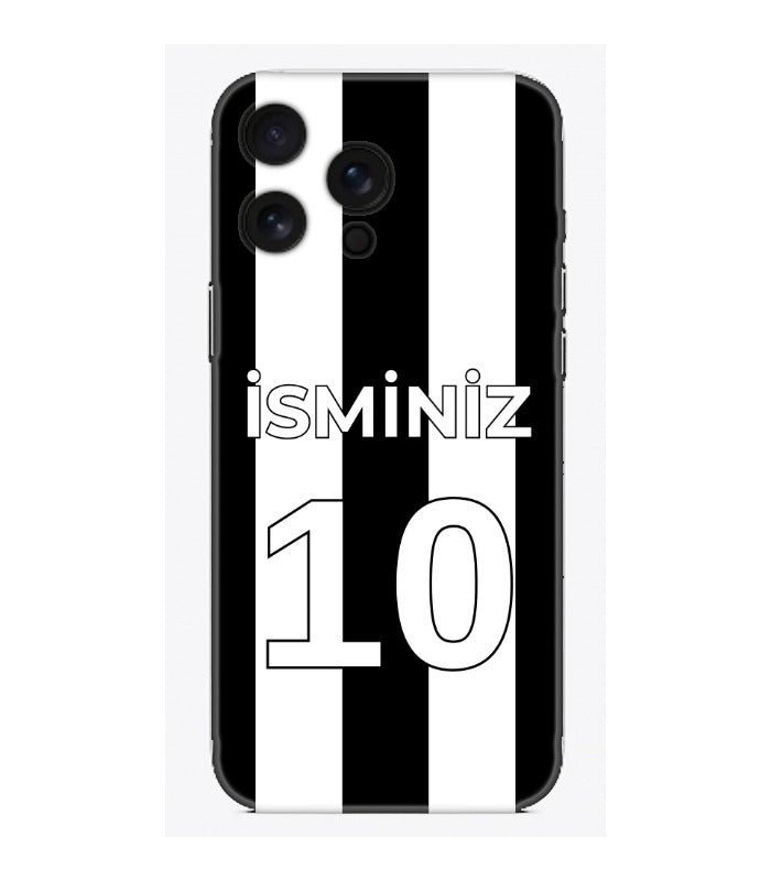 Siyah beyaz çizgili, kişiselleştirilebilir isim ve numara yazılı telefon kılıfı