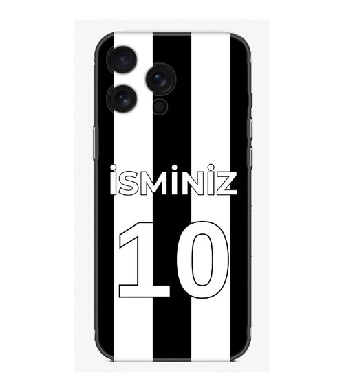 Siyah beyaz çizgili, kişiselleştirilebilir isim ve numara yazılı telefon kılıfı
