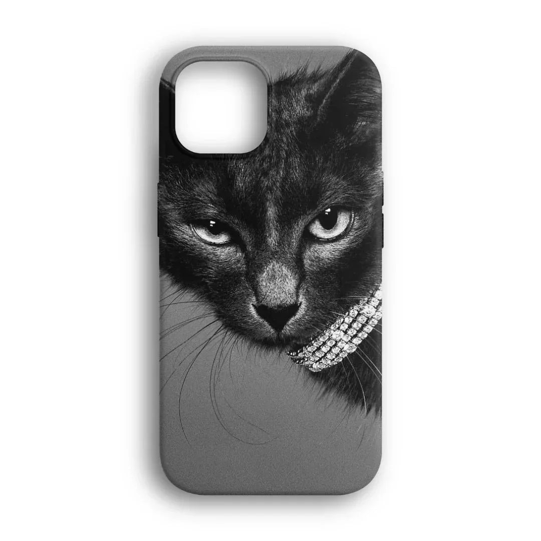 Siyah kedi ve taşlı tasarıma sahip şık telefon kılıfı
