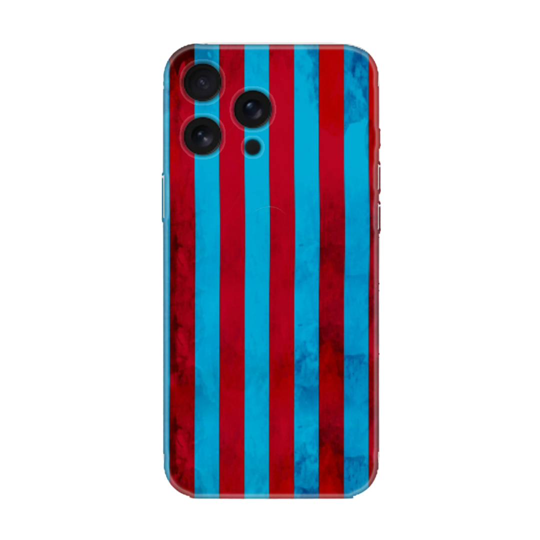 Mavi zemin üzerine bordo dikey şeritli, içinde sonsuzluk ve geometrik desenler barındıran darbe emici Trabzonspor telefon kılıfı