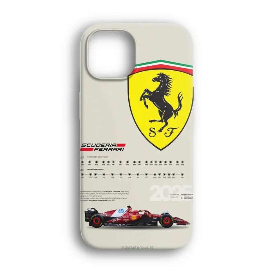 Sarı zeminli Ferrari logolu ve Formula 1 arabası desenli telefon kılıfı