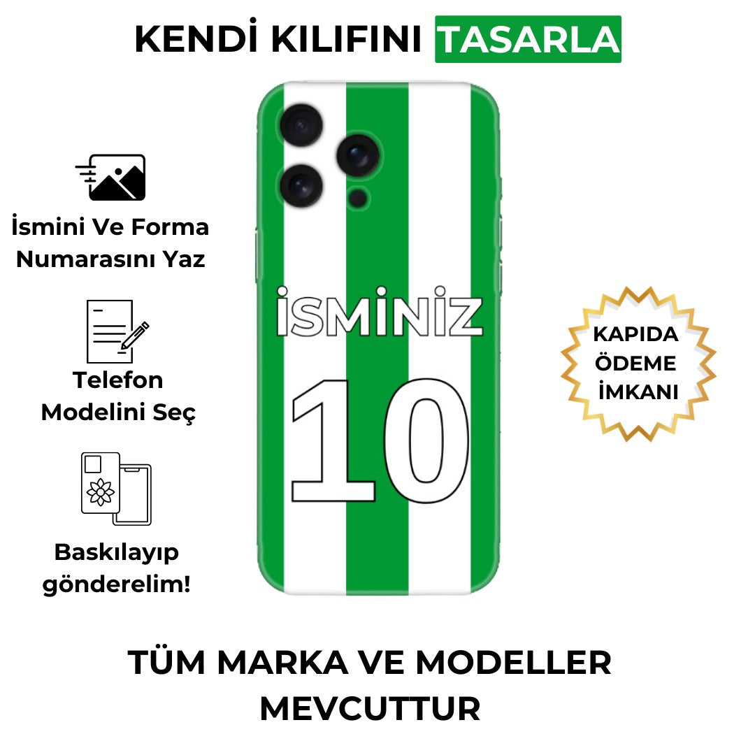 Yeşil beyaz çizgili, kişiye özel isim ve numara yazılabilen telefon kılıfı görseli.