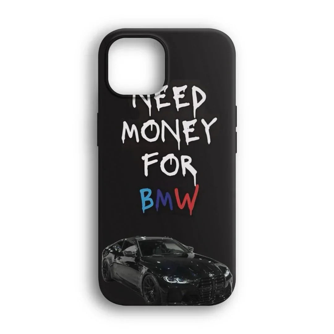 Siyah arka planlı, BMW yazılı ve alt kısmında siyah araba bulunan telefon kılıfı