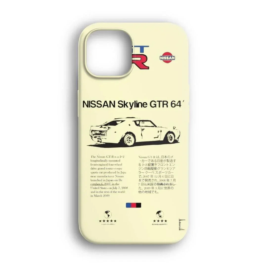 Nissan Skyline GTR 64 tasarımlı, retro çizimli telefon kılıfı, beyaz zeminli