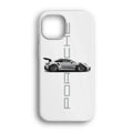 Beyaz telefon kılıfı üzerinde spor araba ve dikey Porsche yazısı tasarımı