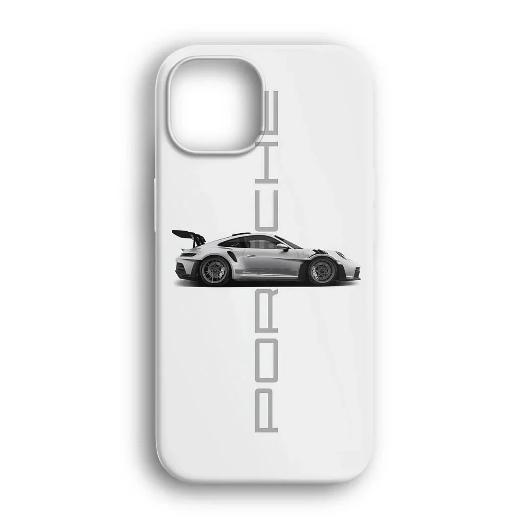 Beyaz telefon kılıfı üzerinde spor araba ve dikey Porsche yazısı tasarımı