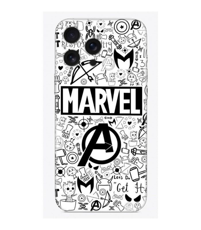 Marvel temalı, siyah beyaz Avengers desenli iPhone telefon kılıfı
