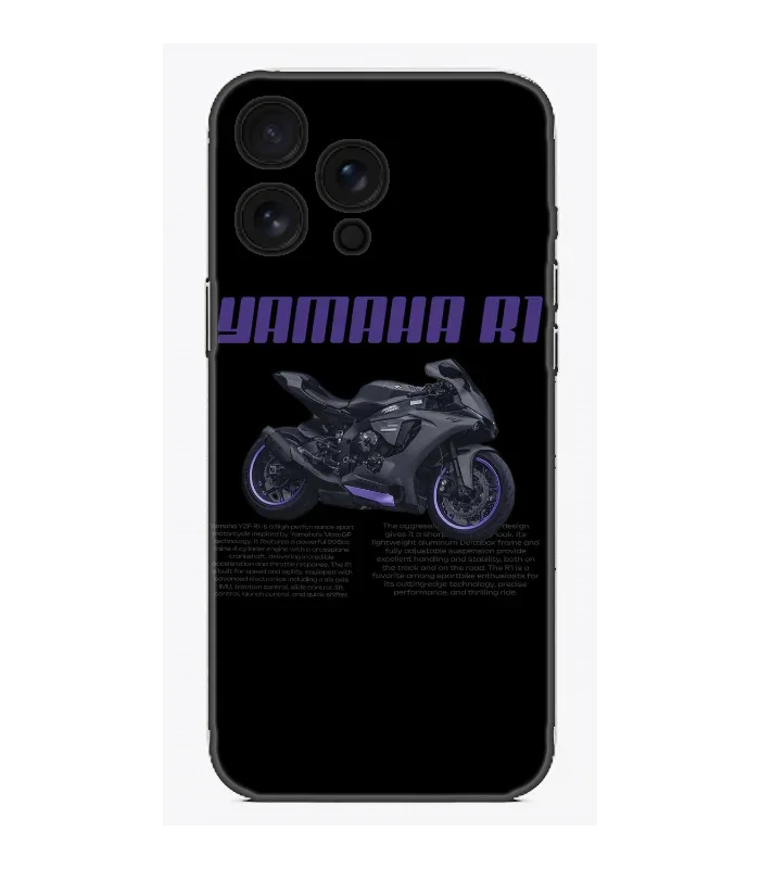 Yamaha R1 motosiklet tasarımlı siyah arka kapak telefon kılıfı, şık ve özelleştirilebilir.