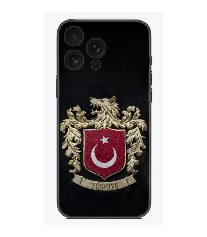Türkiye armalı, kurt başı figürlü siyah arka kapak telefon kılıfı