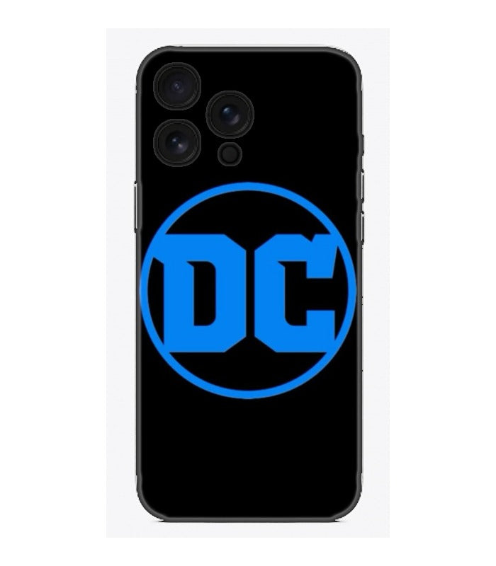 Siyah zeminli, mavi DC logolu telefon kılıfı, modern ve şık tasarım