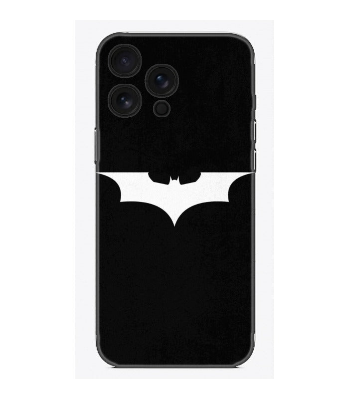 Siyah arka planlı, beyaz yarasa logolu iPhone telefon kılıfı