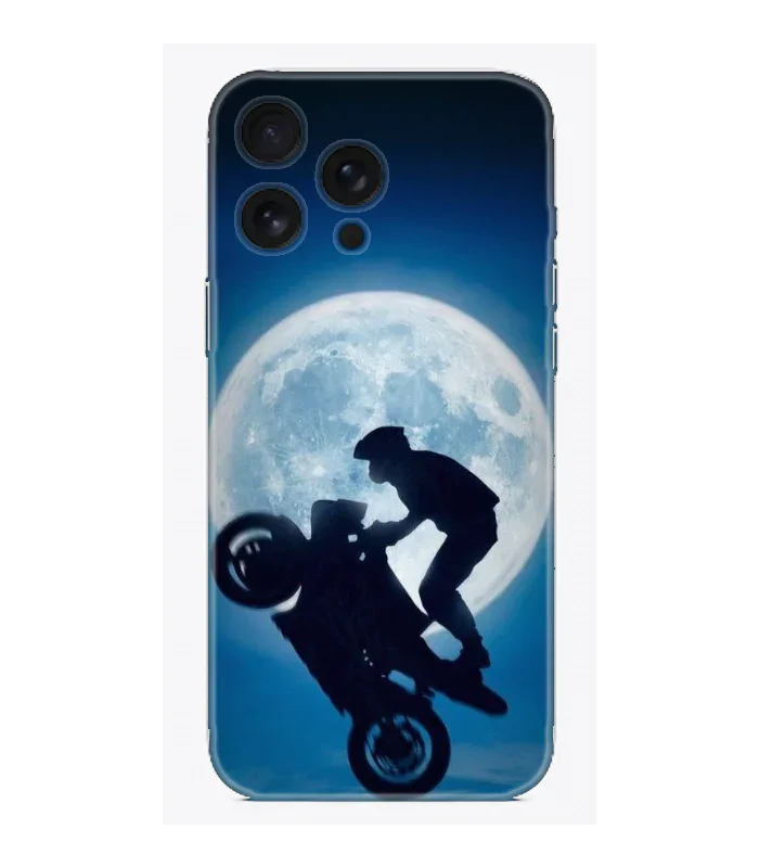 Motosikletli adam silüeti ve dolunay desenli telefon kılıfı