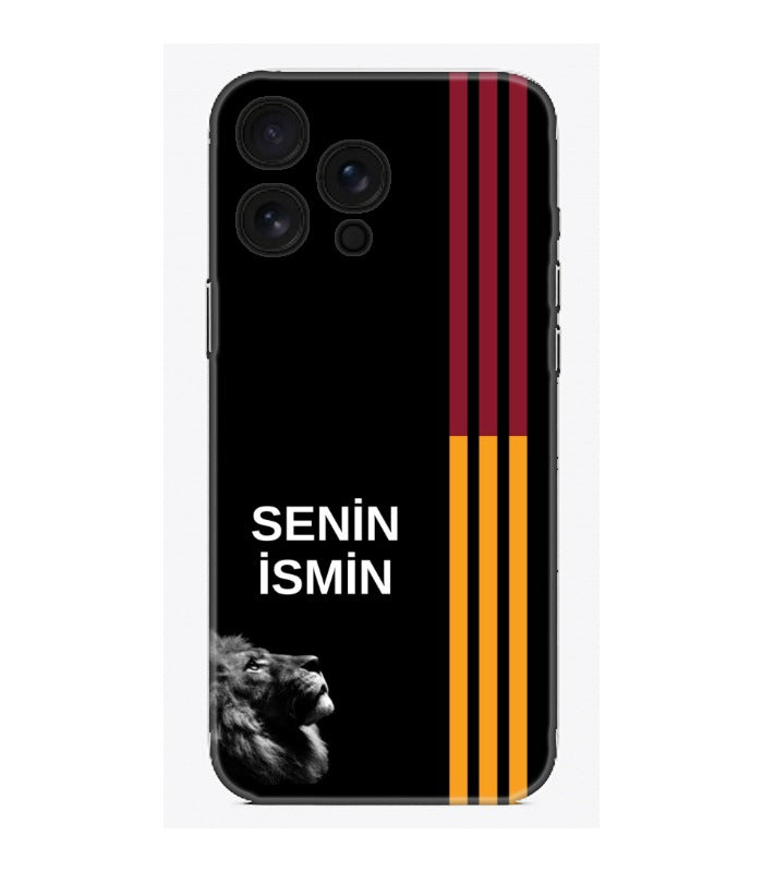 Kişiye özel siyah telefon kılıfı, aslan figürü, sarı ve bordo çizgiler, SENİN İSMİN yazısı.