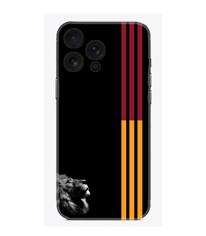Siyah zeminli, aslan figürlü, sarı ve bordo çizgili telefon kılıfı