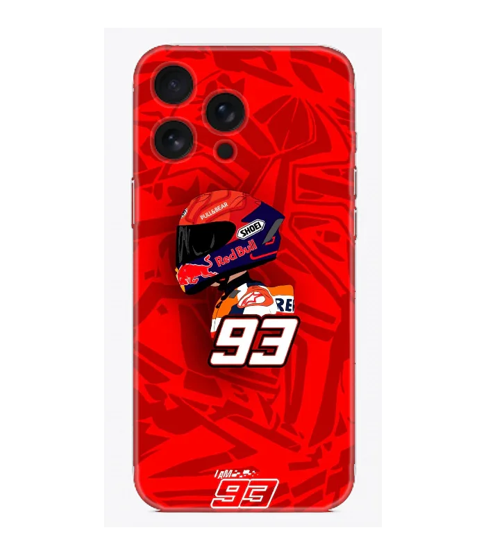 Kırmızı zeminli, yarışçı kaskı ve 93 numaralı tasarımla süslenmiş telefon kılıfı